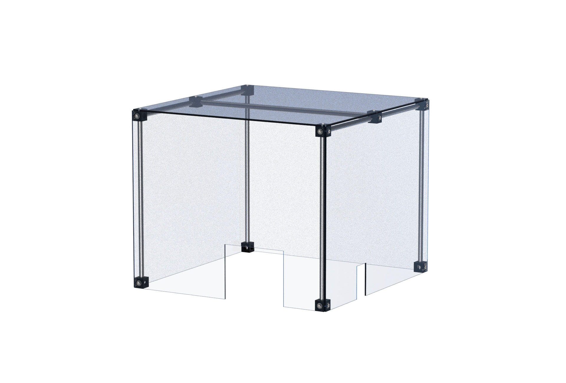 Transparente Schutzumhausung aus Acrylglasplatten mit stabiler Rahmenstruktur aus Aluminium-Säulen und modularen Verbinderelementen.