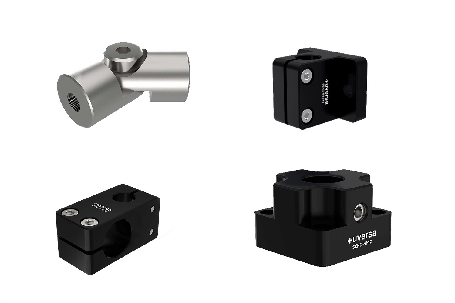 Auswahl verschiedener SENO-Module zur flexiblen Befestigung von Sensoren, Kameras und weiteren Komponenten im Maschinenbau.